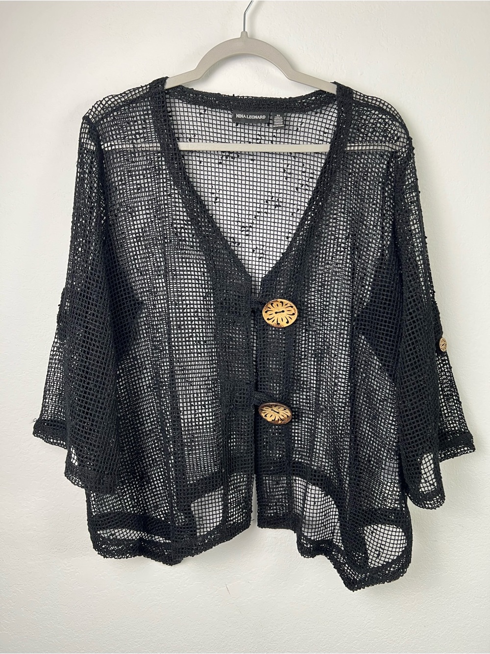 Nina Leonard Black Mesh Cardigan Lagenlook Boho Beach Romantic Lagenlook